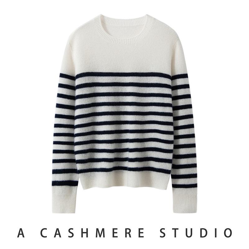 Round Neck Cashmere Knit Sweater for Women - Long Sleeve, Color Block Stripes, Versatile Autumn/Winter Base Layer Top