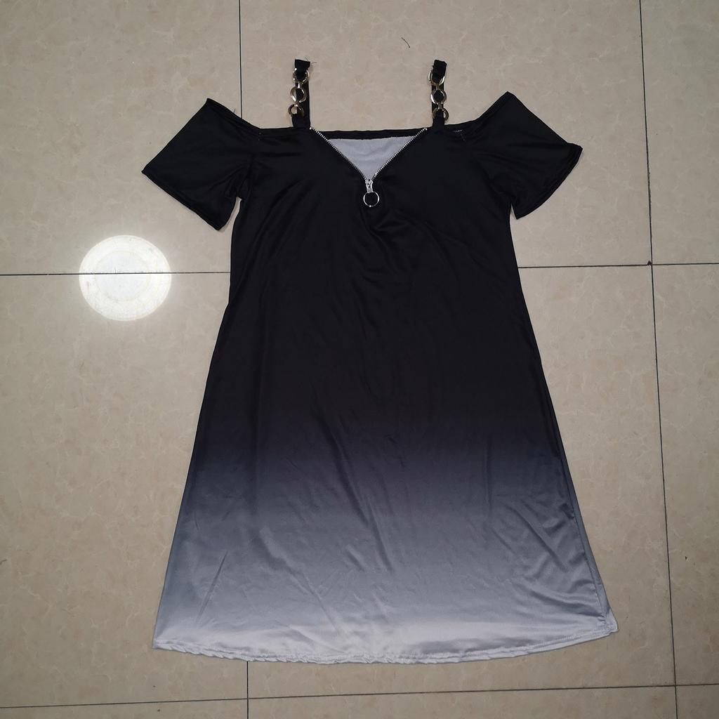 Women Casual Sling Off Shoulder Short Sleeve Zipper V-neck Gradient Color Dress