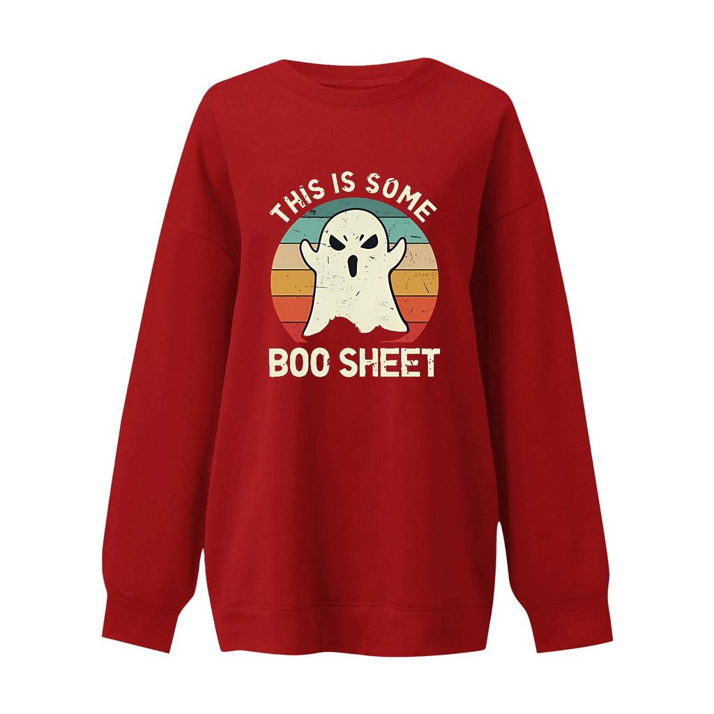 Women's Halloween Print Pullover Round Neck Drop Shoulder Long Sleeved Blouse