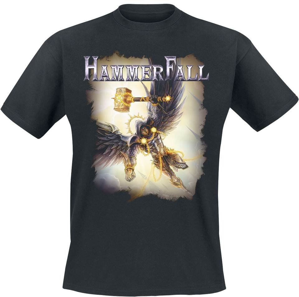 HammerFall Hammer of Dawn Tričko, Power Metalové Tričko s Potiskem Okřídleného Bojovníka a Kompletním Seznamem Skladb, Fanouškovské Merch