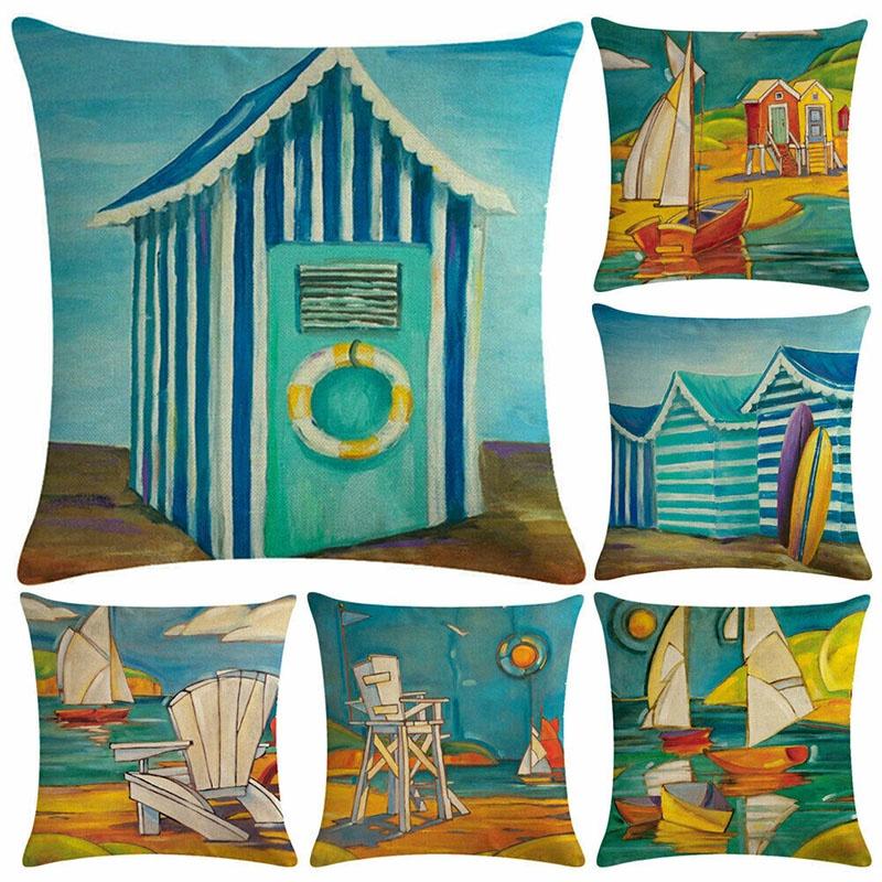 Artistic Beach Oil Painting Cushion Cover With Invisible Zipper For Stylish Interiors