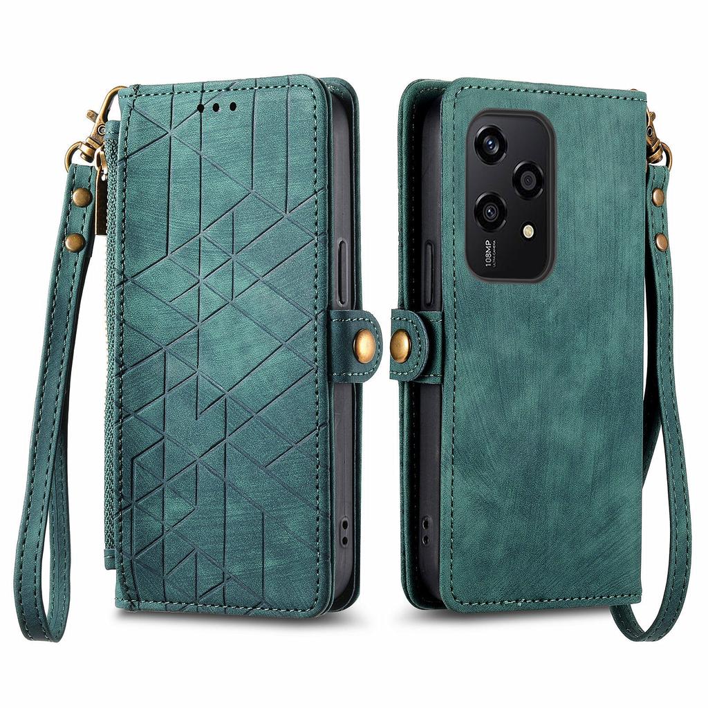 For Honor 200 Lite Phone Case Geometry Imprint Leather Zipper Wallet Stand Cover