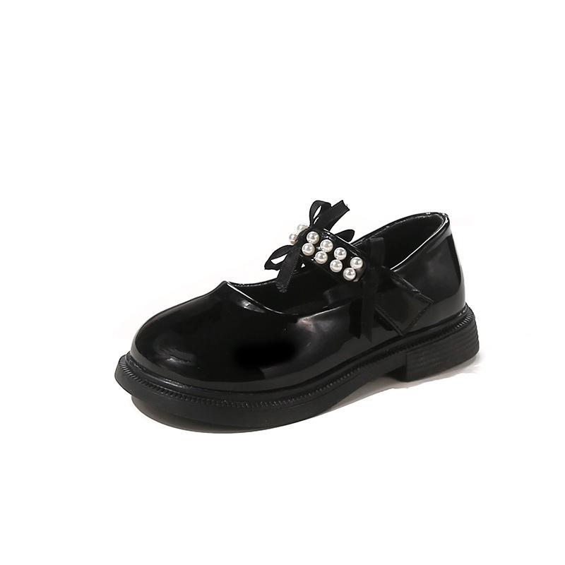 Girls Fashion Pearl Princess Leather Shoes 2025 Autumn New Children's Black Performance Shoes Bow Casual Shoes