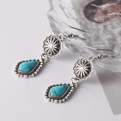 1 Pair Women Hanging Earrings Retro Anti-allergy Bohemian Style Flower Stone Shape Electroplated Faux Turquoise Ear Jewelry Prom Party Long Hook