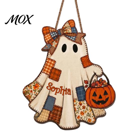 Funny Ghost Gift for Friends Halloween Wooden Patchwork Pendant, Vintage Autumn Harvest Hanging Sign, Cute Retro Ornament Walls Pendant with Rope Home