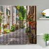 Purple Flowers Scenery Waterproof Shower Rural Street Landscape Floral Bathroom Curtains Washable Home Decor With Xt6@
