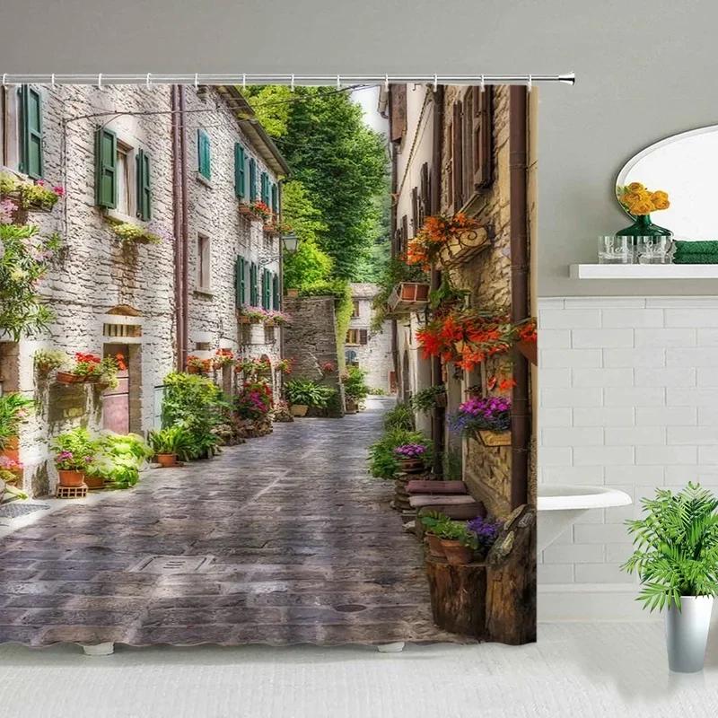 Purple Flowers Scenery Waterproof Shower Rural Street Landscape Floral Bathroom Curtains Washable Home Decor With Xt6@