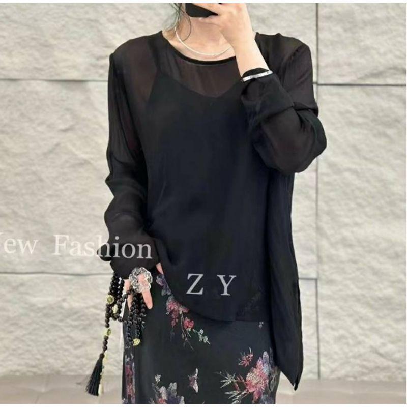 

Fashion Preface Butterfly Cut Out Craft Sun Protection Shirt! Women s Poplin Yarn Lightweight Long Sleeves Asymmetrical Long T-shirt Summer Black L