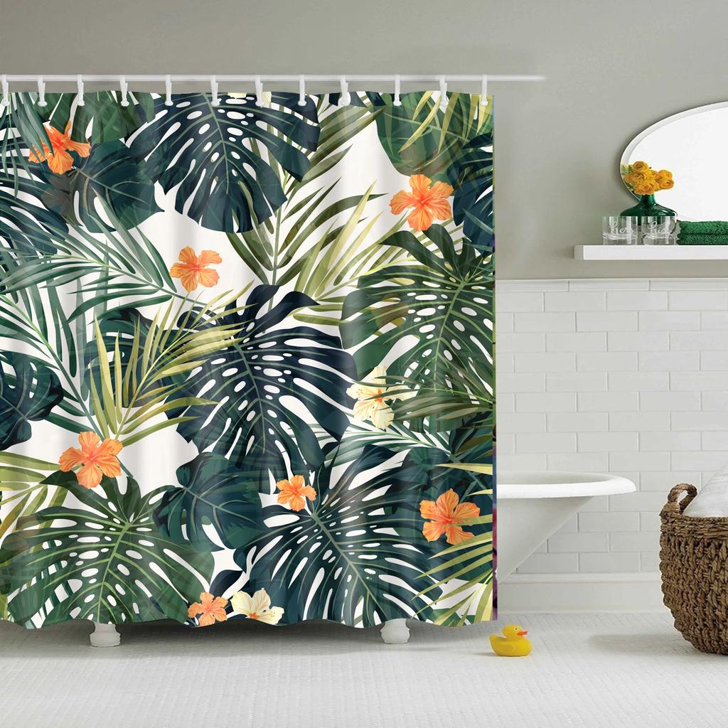 Watercolor Tropical Leaves Shower Curtain Waterproof Mildew Resistant Polyester Fabric With 12 Hooks Easy Installation For Bathr