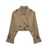 Women Fashion Belt Cropped Trench Jacket Vintage Notched Neck Long Sleeve Female Chic Lady Coat Outfits