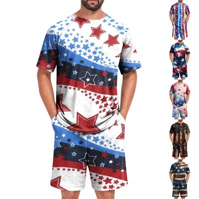 Men's Short Sleeve Sleepwear Set American Flag Print Lightweight Comfortable Soft Fabric Lounge Pajama Set with Pockets