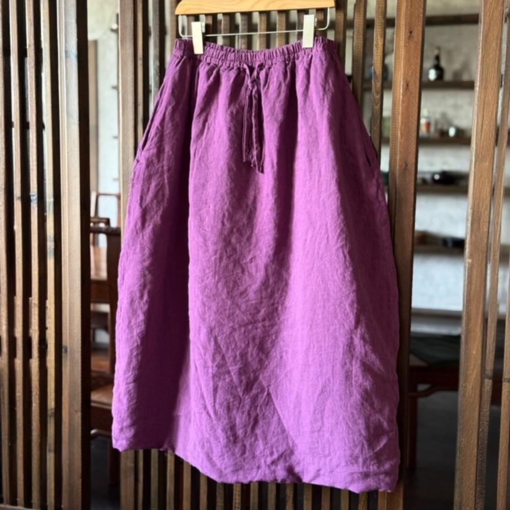 Johnature Women Vintage Spring Skirts Elastic Waist Solid Color Belt Pockets Female A-Line Skirts