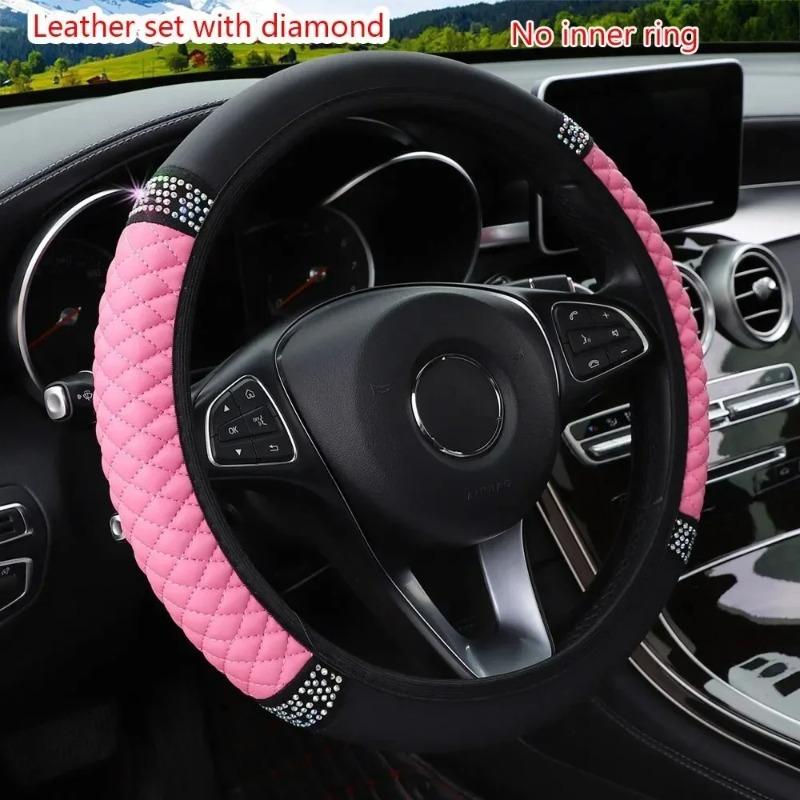 

A 37-38 cm leather embroidered colored diamond-encrusted elastic car steering wheel cover рожевий