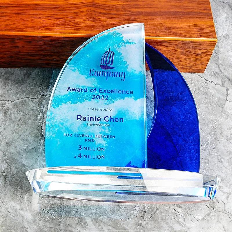 Customized Sailboat Award Color Printing, Crystal Trophy Enterprise Excellent Employee Home Decoration Honor Lettering Medal 1Pc