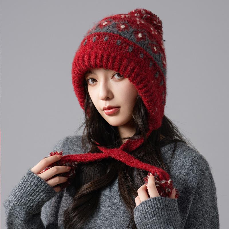 Bandage Red Hat Women's Autumn and Winter Retro Knitted Wool Hat Outdoor Thermal Bald Hat