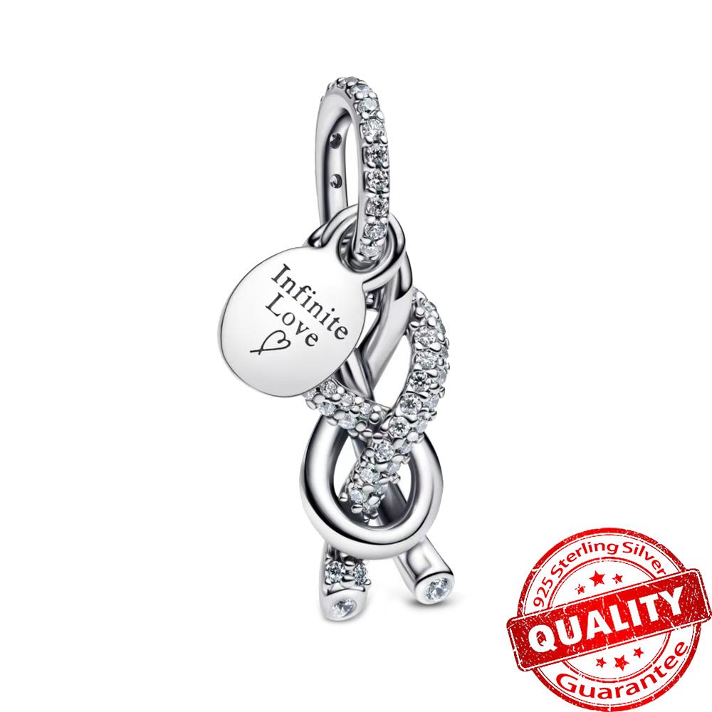 Precious Copper Sparkling Heart Double & Pavé Infinity Knot Dangle Charm Fits 3Mm Bracelet Diy Mother Birthday Gift