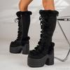Platformowe Futrzane Buty Damskie Styl Gotycki Jesień Zima Khaki Wysokie do Kolan Gruba Podeszwa Buty Punkowe Moda Damska Rozmiar 36-43