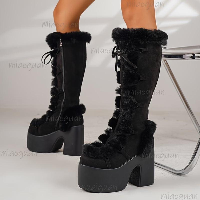 Platformowe Futrzane Buty Damskie Styl Gotycki Jesień Zima Khaki Wysokie do Kolan Gruba Podeszwa Buty Punkowe Moda Damska Rozmiar 36-43