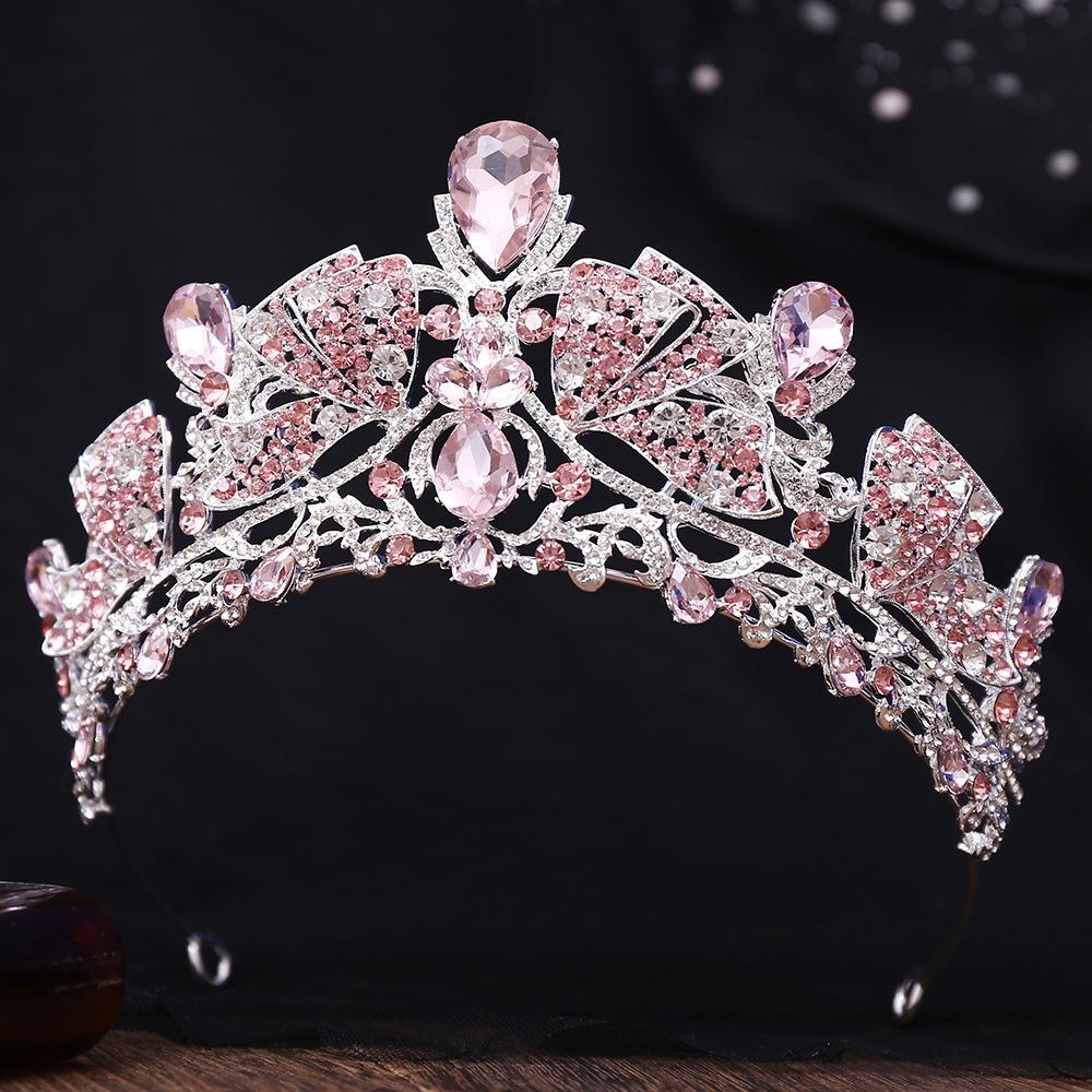 DIEZI Korean Sweet Pink Purple Rhinestone Crystal Opal Tiara For Women Party Luxury Bridal Bride Crown Hair Accessories Jewelry