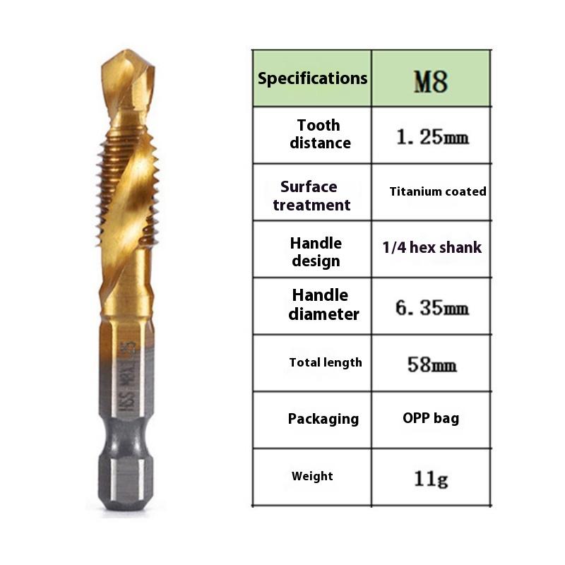 Vysokorýchlostná oceľová šesťhranná stopka tri v jednom kombinovaný závitník, vŕtanie, rezanie závitov a odihlovanie integrované špirálové strojové rezanie závitov, špirálový závitník