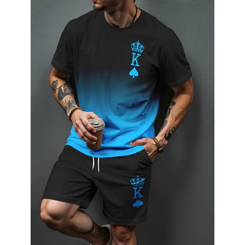 Heren Zomer Casual T-shirt en Korte Broek Set Verloop Letterpatroon Sportieve Tweedelige Set Stedelijke Mode Casual Trend Set
