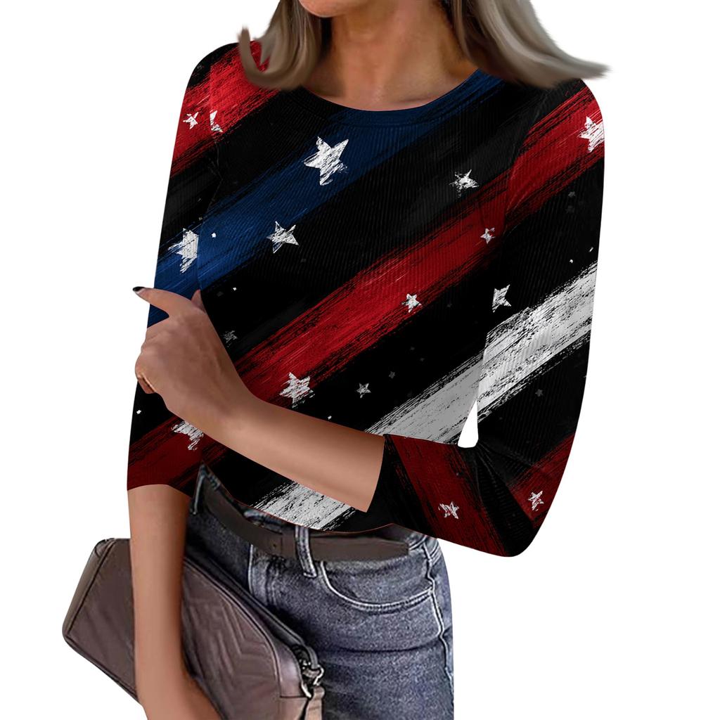 Women's Casual Fashion Round Neck Independence Day Print Three-Quarter Sleeve Ribbed Top