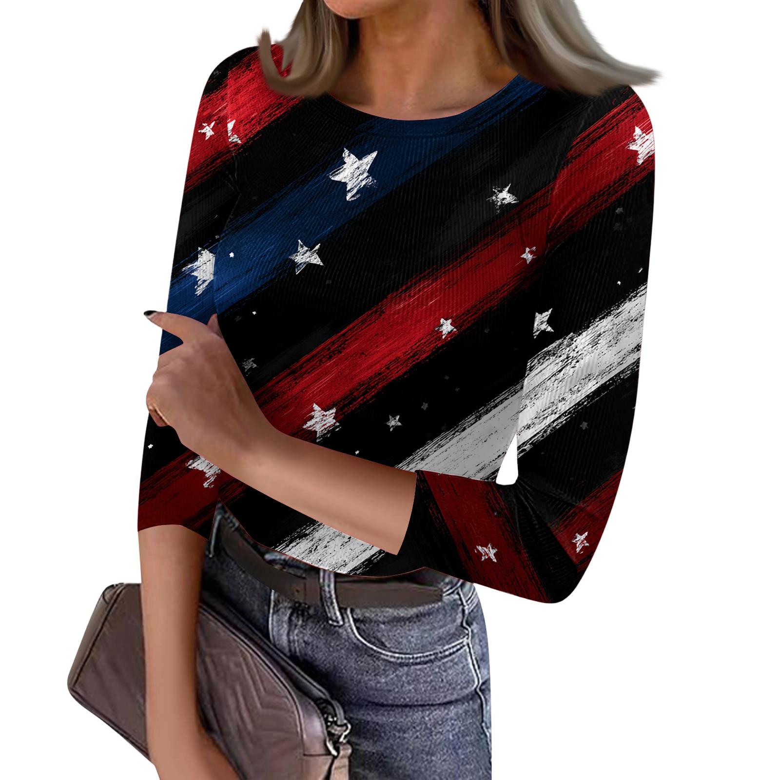 

Women s Casual Fashion Round Neck Independence Day Print Three-Quarter Sleeve Ribbed Top XL червоний