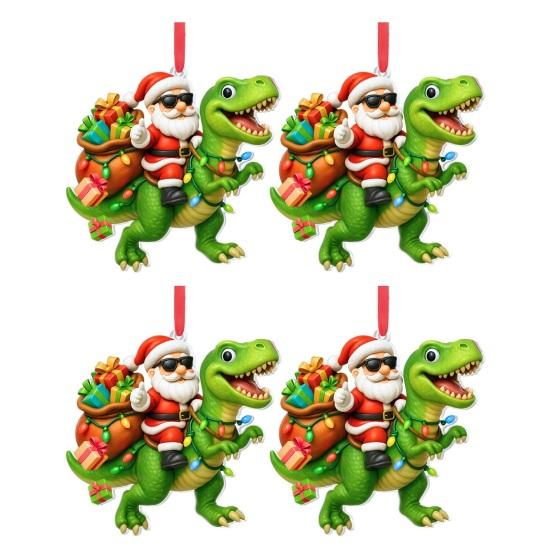 Santa Riding Dinosaur Ornament Funny Santa Claus Acrylic Hanging Decoration Novelty Dino Christmas Tree Ornament for Kids Boys Men