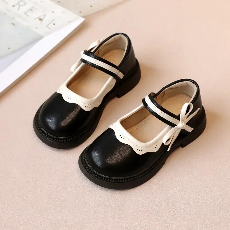 Fashion Girl School Shoes Kids Trendy Patchwork Bowknot Princess Shoes Children Shallow Mary Janes Toddler Ruffled Leather Shoes