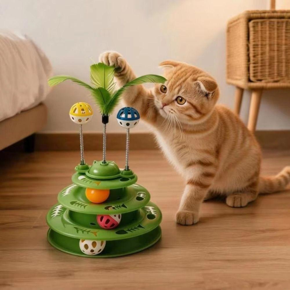 Anti Slip Base Cat Track Ball Toy Rotating Ball Interactive Cat Toy Funny Feather Teaser Home