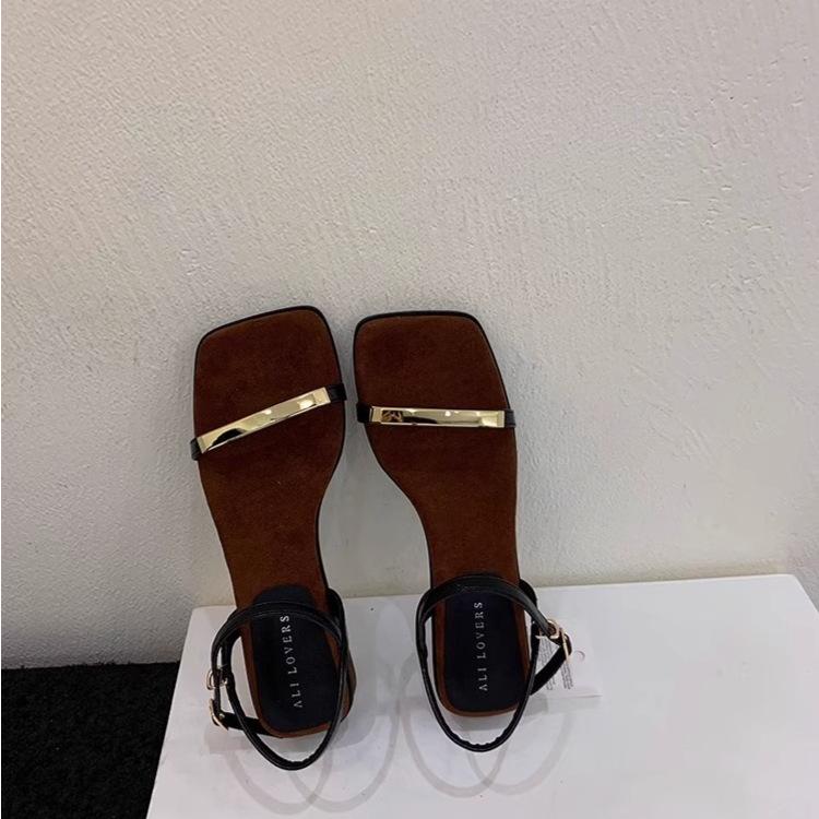 

2025 summer new sandals with skirts women s one-word fashion versatile thick heel high-end open-toed women s shoes 40 коричневый