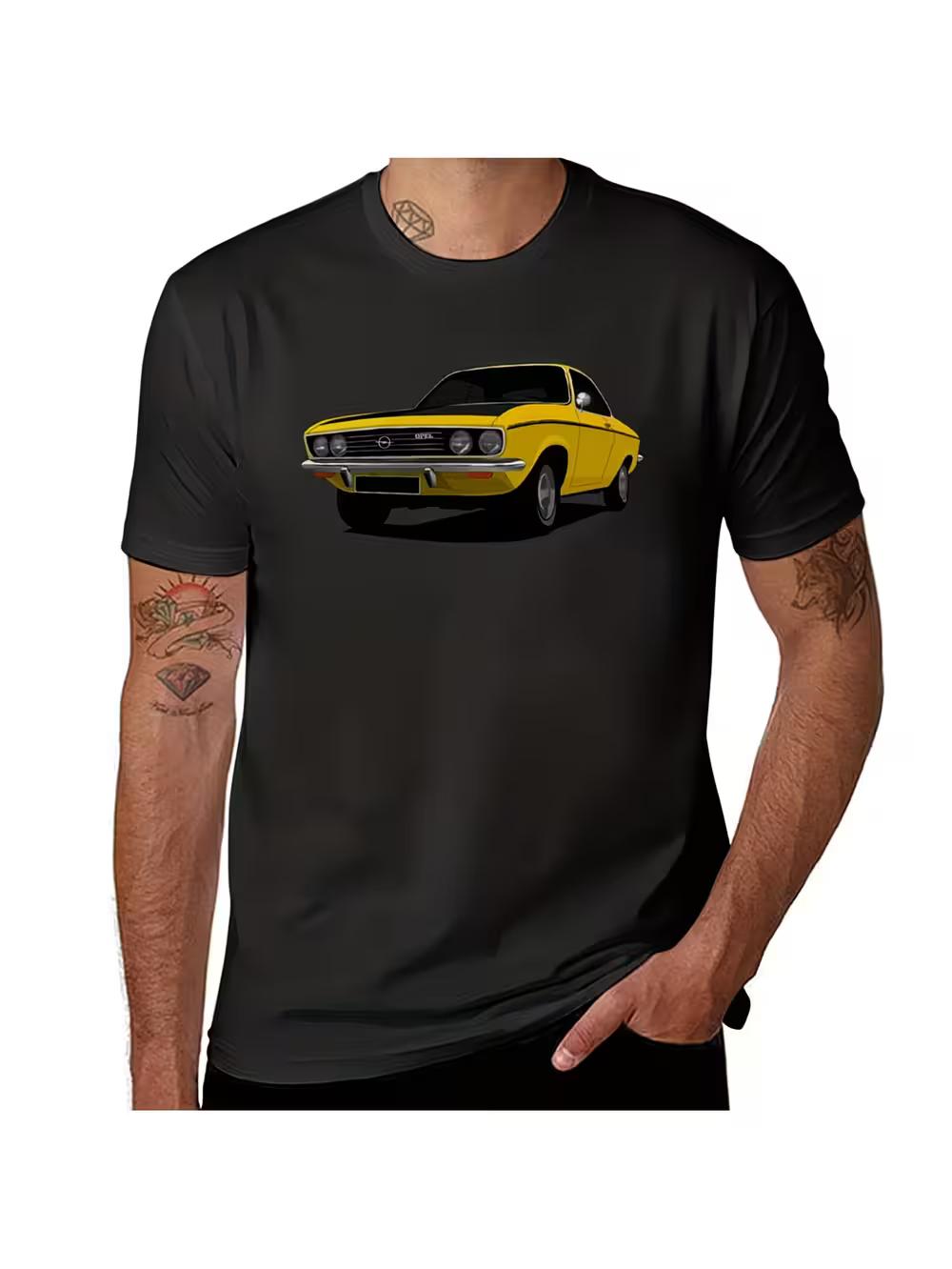Manta A Men s Casual Graphic T-Shirt- Black with Yellow Vintage Car Print S