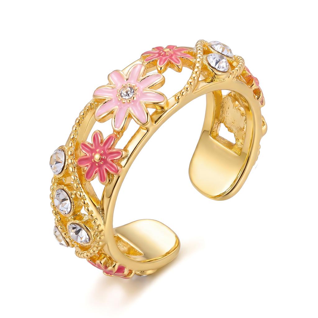 Elegant Flower Pattern Enamel Open Bracelet for Women Trendy Gold Plated Cloisonne Flowers Bangle Ring Charms Party Jewelry