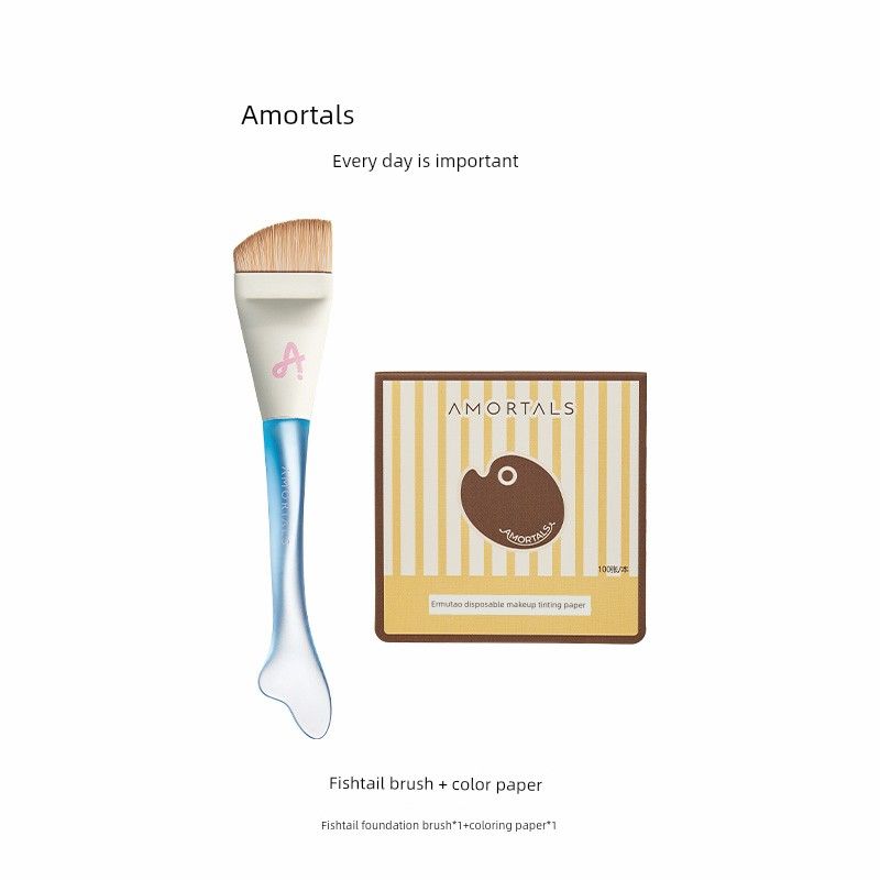 AMORTALS Fishtail Thin Arc Word Powder Foundation Brush plus Palette Flathead Blade Seamless Liquid Foundation Cosmetic Brush