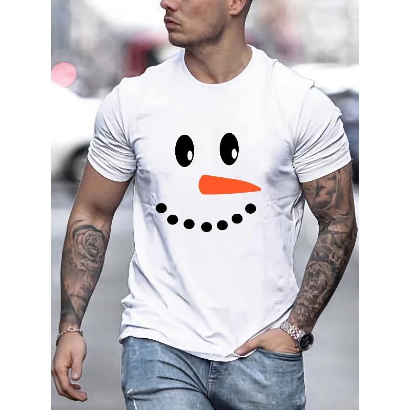 European Size Men's Snowman Pattern Casual Round Neck Short T-Shirt for Spring, Summer and Autumn
