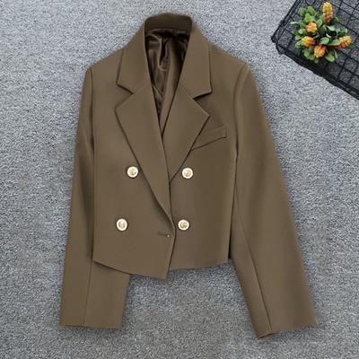 Spring Women Solid Color Cropped Blazer Lapel Long Sleeve Double Breasted Office Jacket Suit Coat Workwear