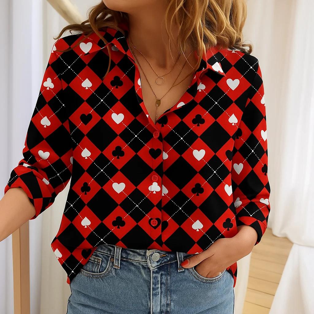 Women Poker Pattern Long Sleeve O-Neck Shirt Fashion New Personalized Blouse Casual Autumn Winter Shirt Female Tops Spring