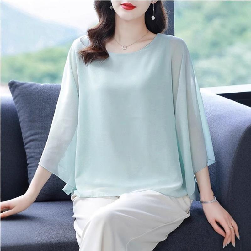 Loose Chiffon Top for Women New Plus Size Round Neck Batball Sleeves Summer Blouse Solid Color Women's Short Sleeved Casual Fashion Elegant T Shirts