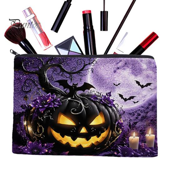 Washable Storage Pouch Bag, with Halloween Pattern Print, Smooth Zipper Durable Canvas Dust-proof Container Organizer, Portable Stationery Case,
