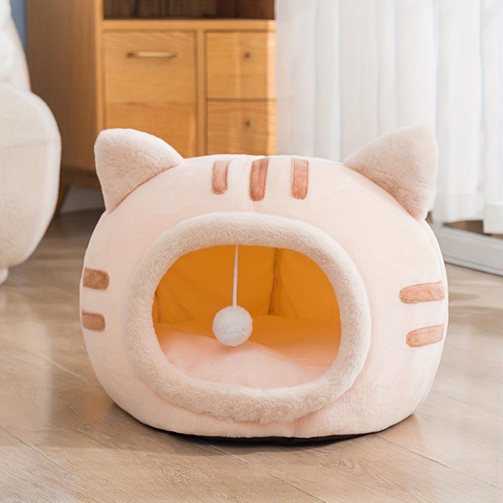Semi-enclosed cat-shaped pet bed, washable all-season nest with non-slip bottom for cats & small dogs L,beige