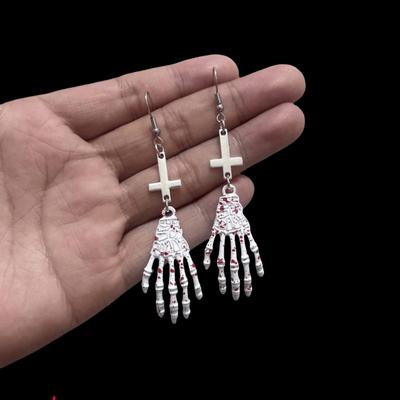 Halloween Earrings, Skull Hand Dangle, Horror Statement Earrings, Gothic Skeleton Party Jewelry