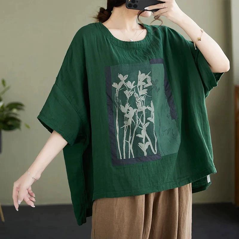 T-shirt a maniche corte in cotone e lino da donna, estiva, taglia grande, vestibilità larga, stile occidentale, con stampa, copre la pancia, maglietta snellente