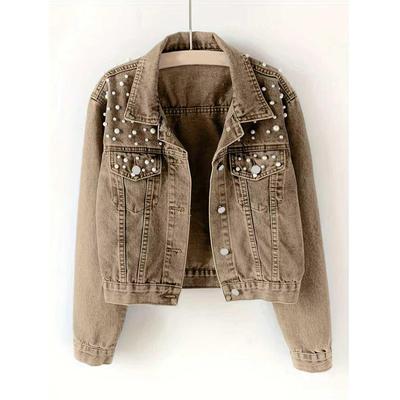 Plus Size Women's Stretchy Denim Top with Pearl Decoration