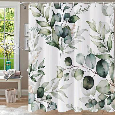 Eucalyptus Printed Waterproof Polyester Bath Drapery with Hooks, Woven, Arts-Themed, Water-Resistant, All-Season Bath Partition