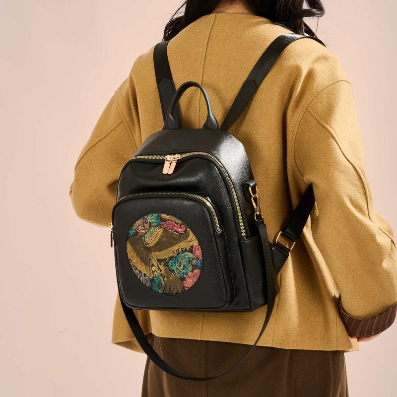 Chinese Style Embroidered Elephant Convertible Backpack For Women Large Capacity Travel Bag