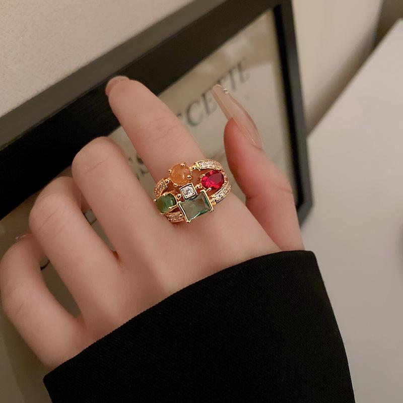 

Vintage Colorful Zircon Rings For Women Square Exquisite Crystal Adjustable Geometric Finger Ring Wedding Zircon Gifts
