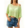 Women Casual Sheer Mesh Off Shoulder Crop Top Short Sleeve Loose Fit Pullover Beach Cover Up T Shirt