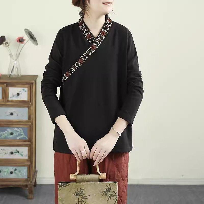 Autumn and Winter New Chinese Style V-neck Chinese Style Retro Embroidered Long-sleeved Shirt T-shirt Top