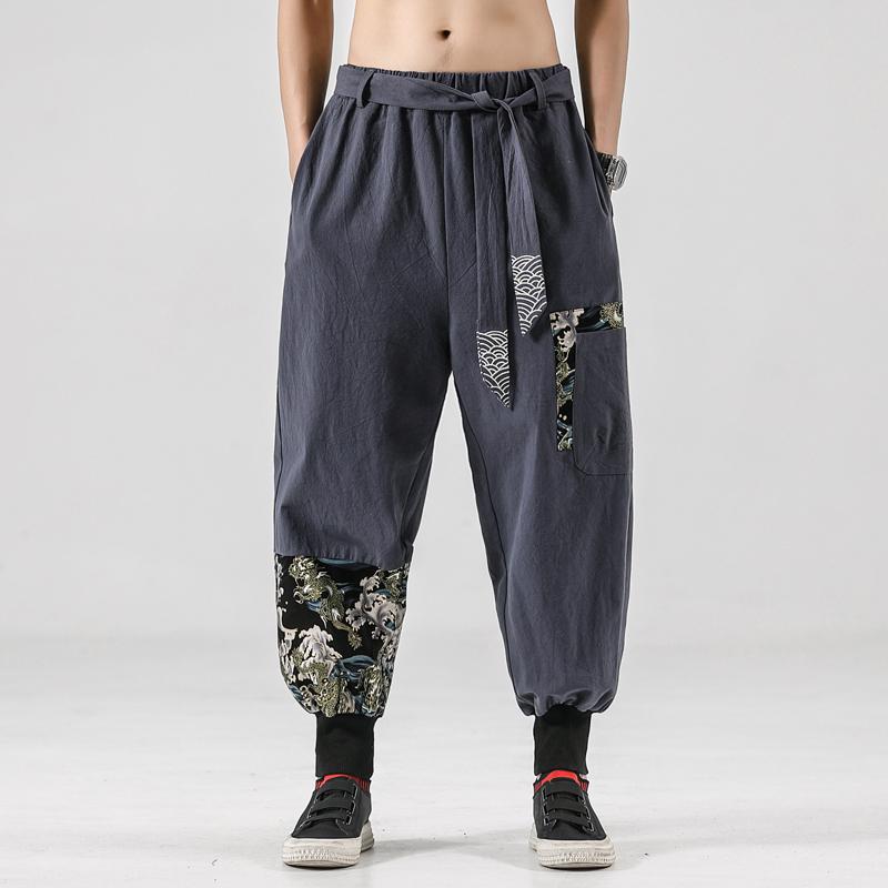 Autumn Men Linen Harem Pants Mens Vintage Chinese Style Trousers Man Streetwear Pants Male Print Crotch Pant