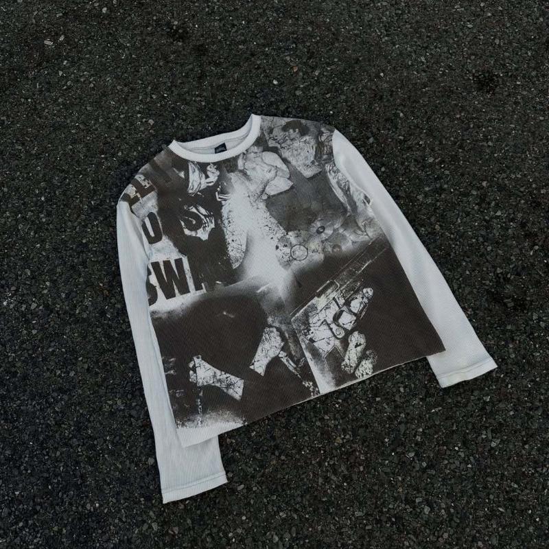 Europäischer und Amerikanischer Y2K Frühlingstrend Dunkle Herren- und Damenmode Street Gothic Rundhals Langarm T-Shirt